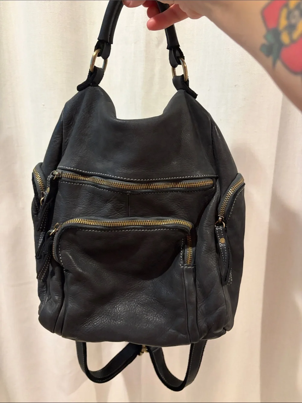 Free People Black Leather Multi-Zip Backpack